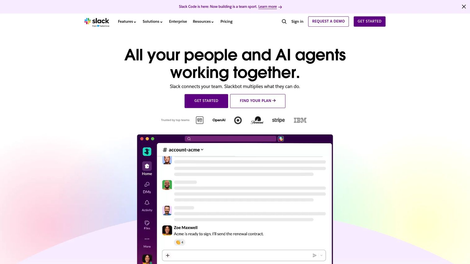 Slack homepage showing channel-based team communication interface
