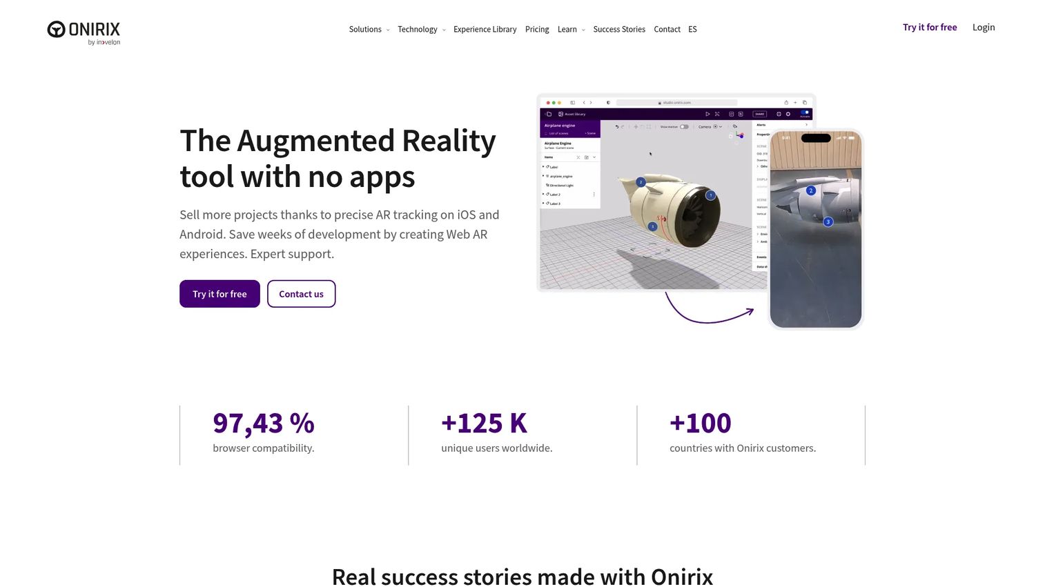 Onirix AR editor showing no-code WebAR scene creation and publishing