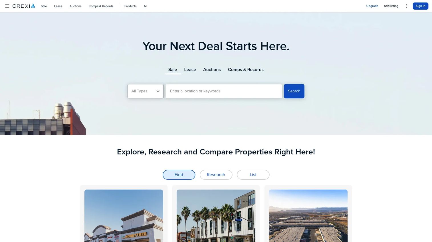 Crexi commercial real estate market intelligence dashboard and property listings