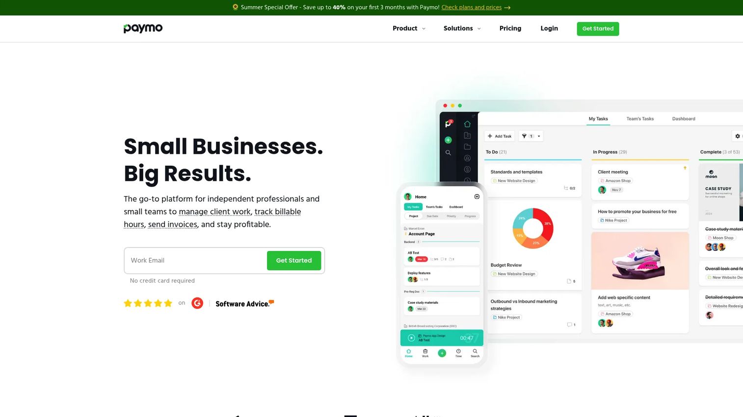 Paymo Gantt chart and time tracking view