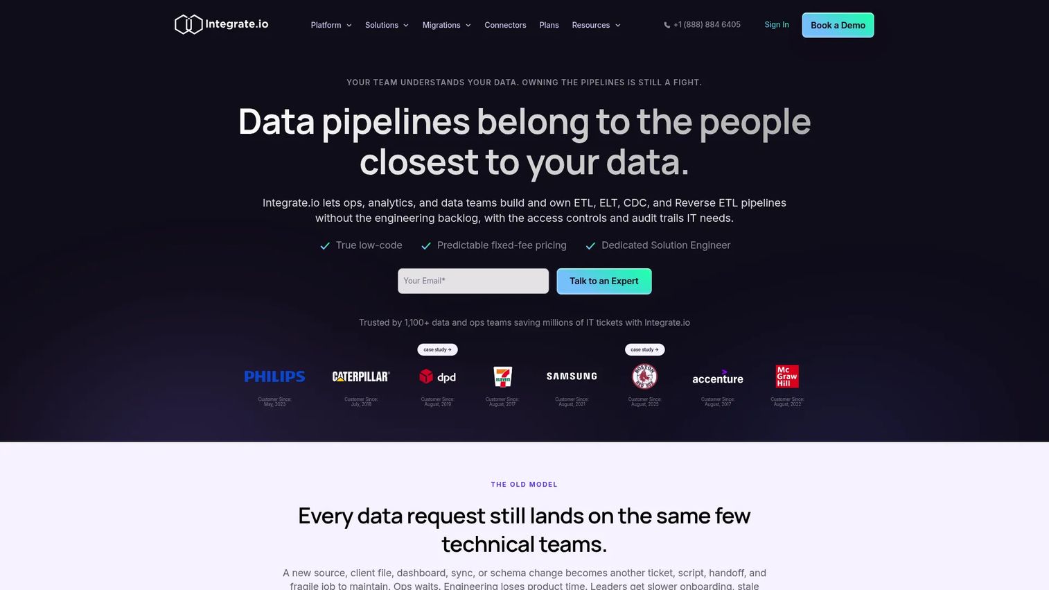 Integrate.io homepage screenshot showing data pipeline builder