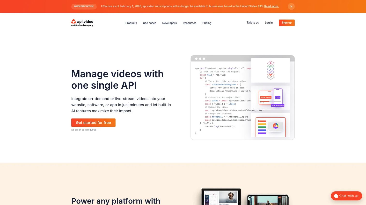 api.video interface for hosted video, live streaming, and video API management