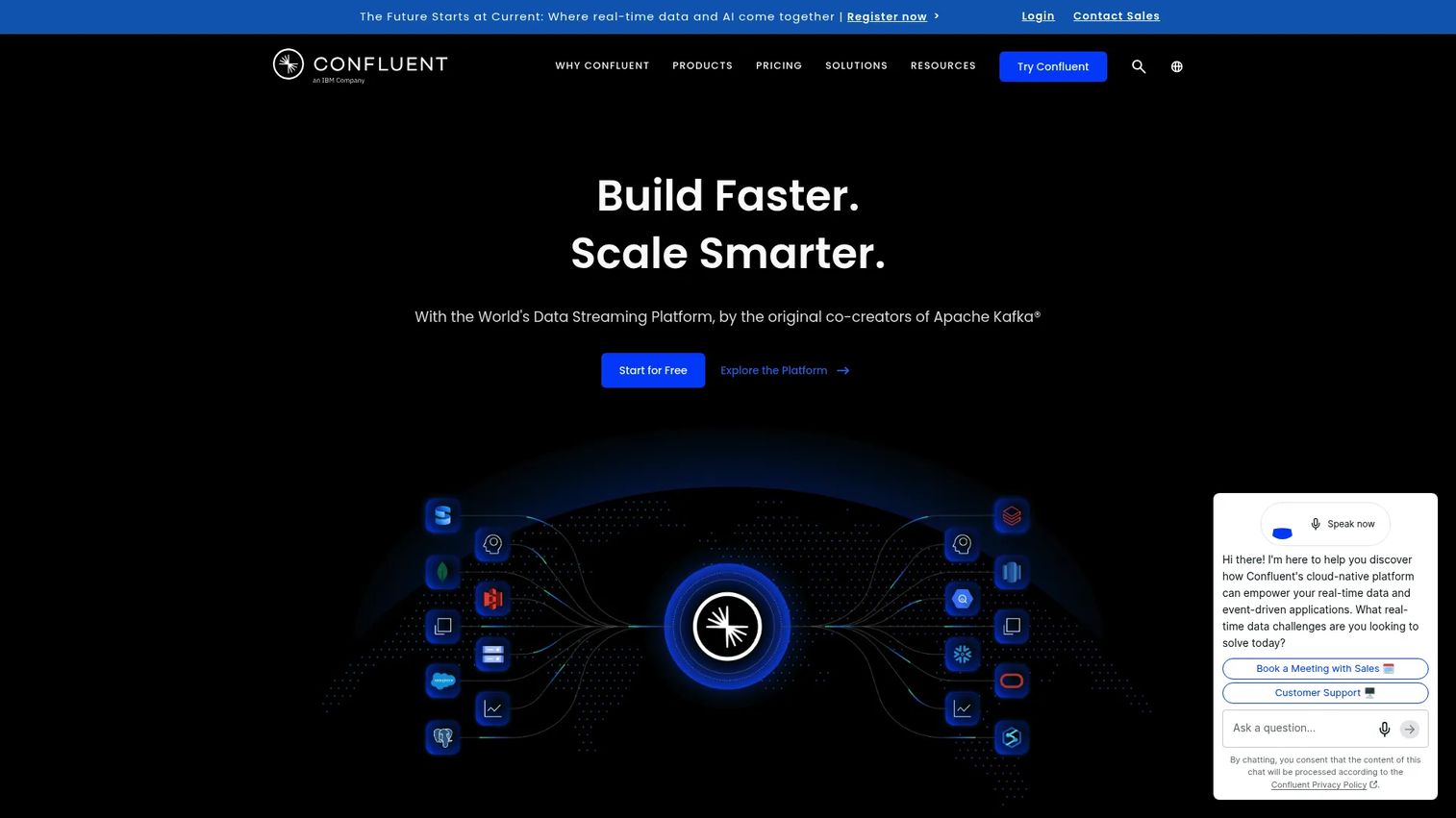 Confluent homepage showing the data streaming platform