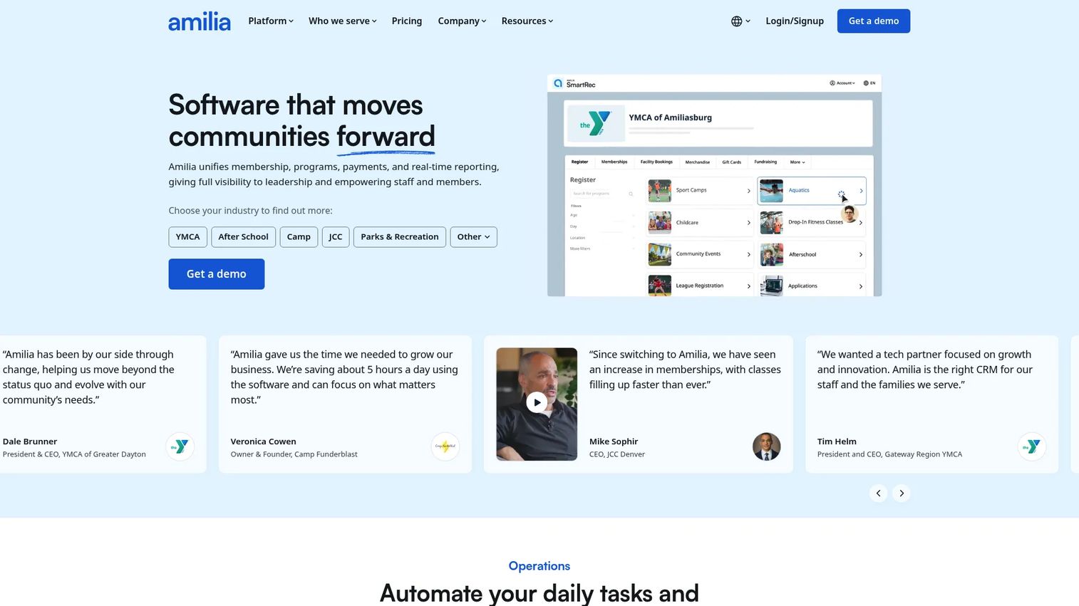 Amilia SmartRec recreation registration and camp management dashboard