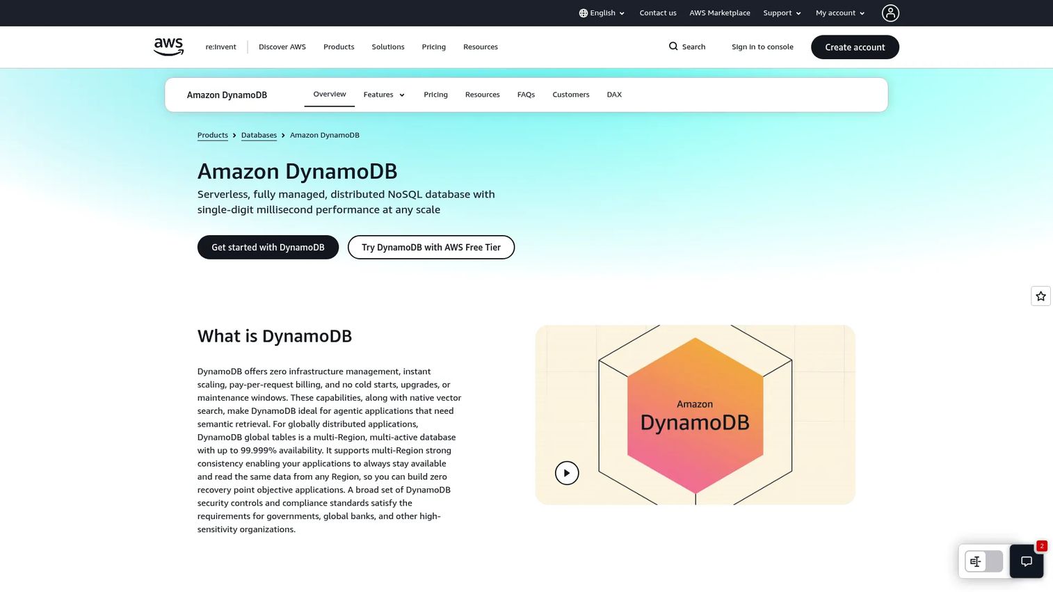 Amazon DynamoDB serverless database console