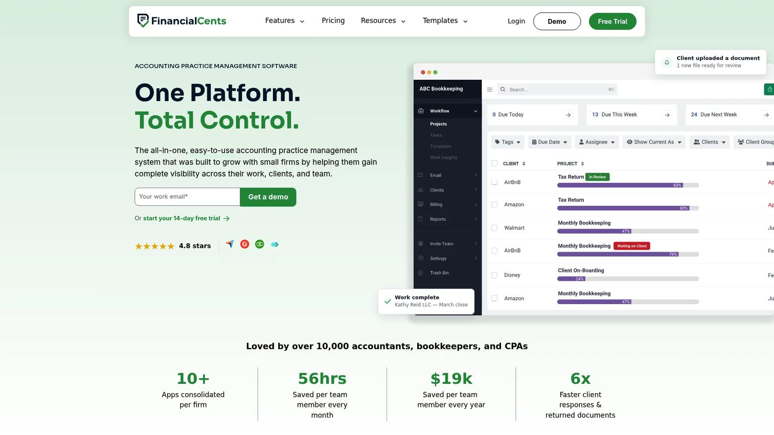 Financial Cents accounting workflow and client management dashboard.