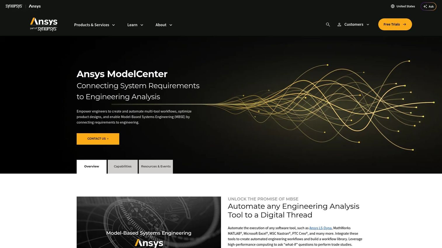 Ansys ModelCenter homepage showing engineering workflow automation and simulation integration platform