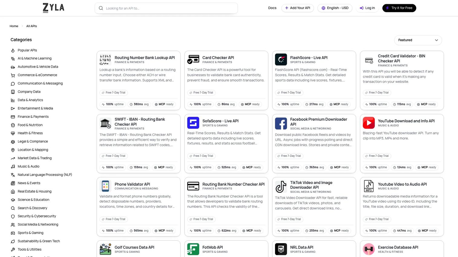 Zyla API Hub marketplace with API categories and pricing