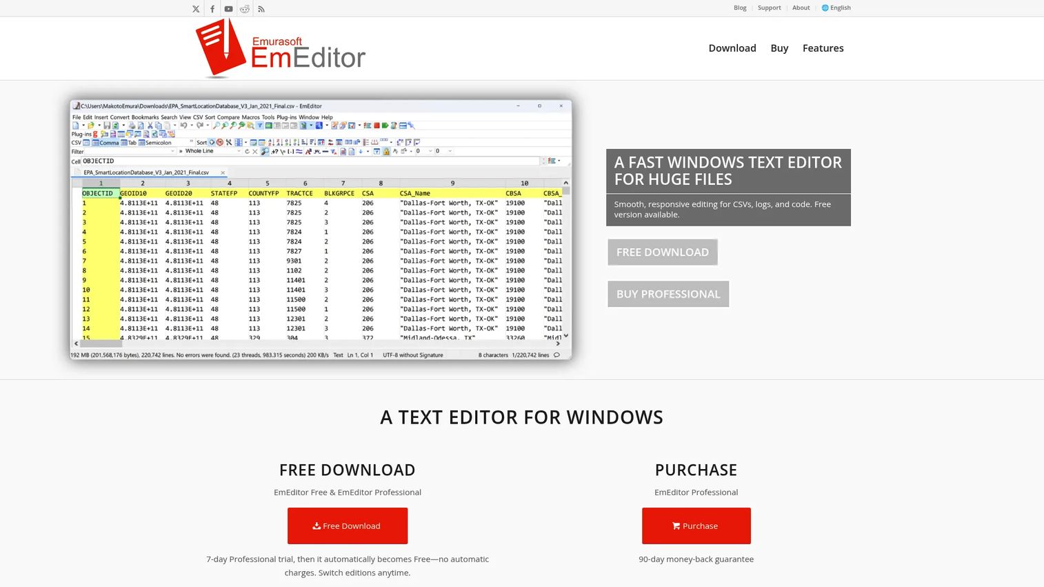 EmEditor showing CSV and large text file editing
