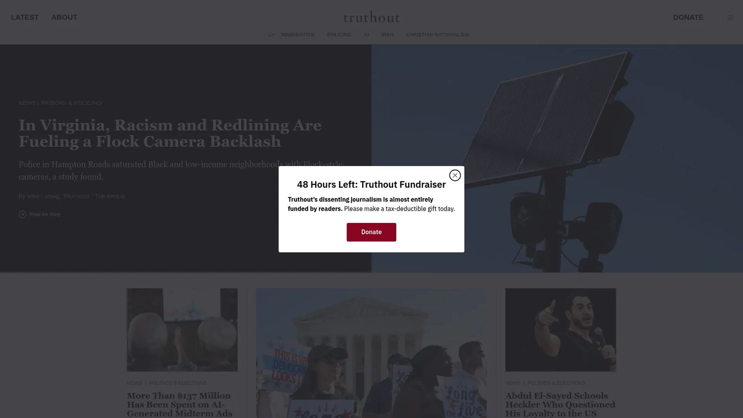 Truthout homepage showing social justice journalism and independent reporting