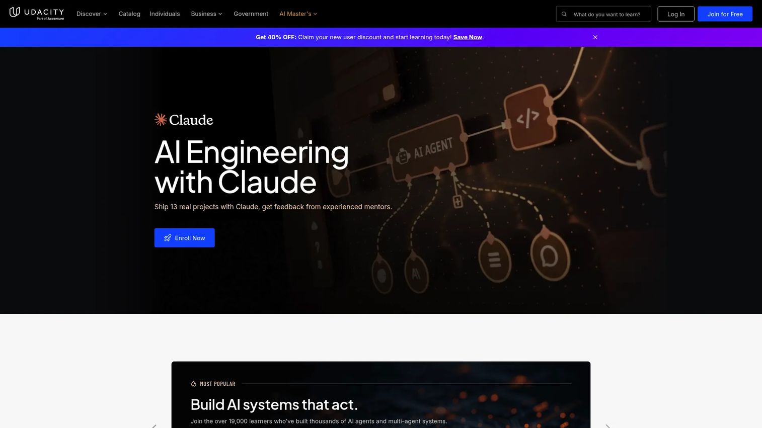 Udacity homepage screenshot showing the nanodegree program selection interface