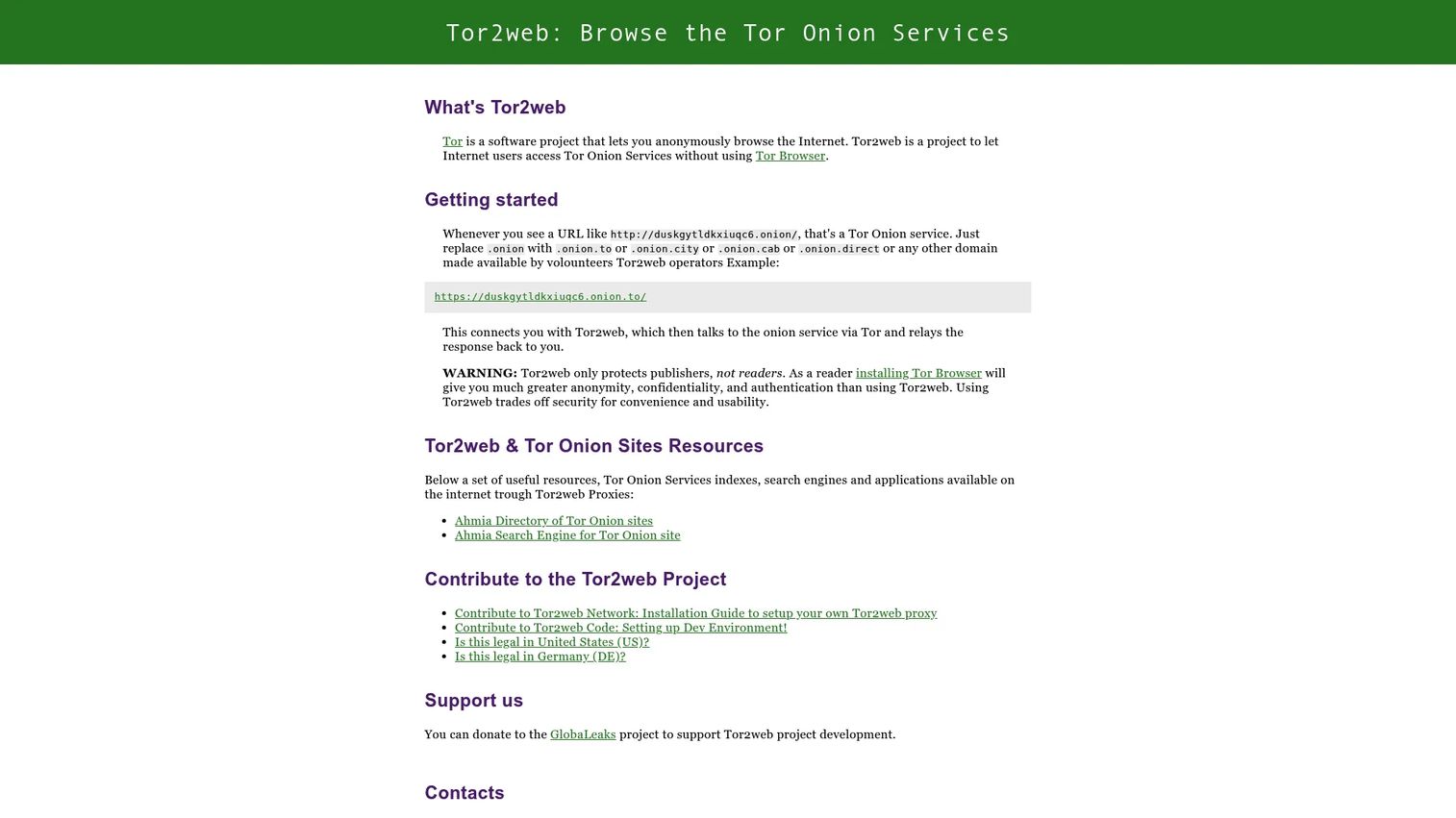 Tor2Web hidden service access interface