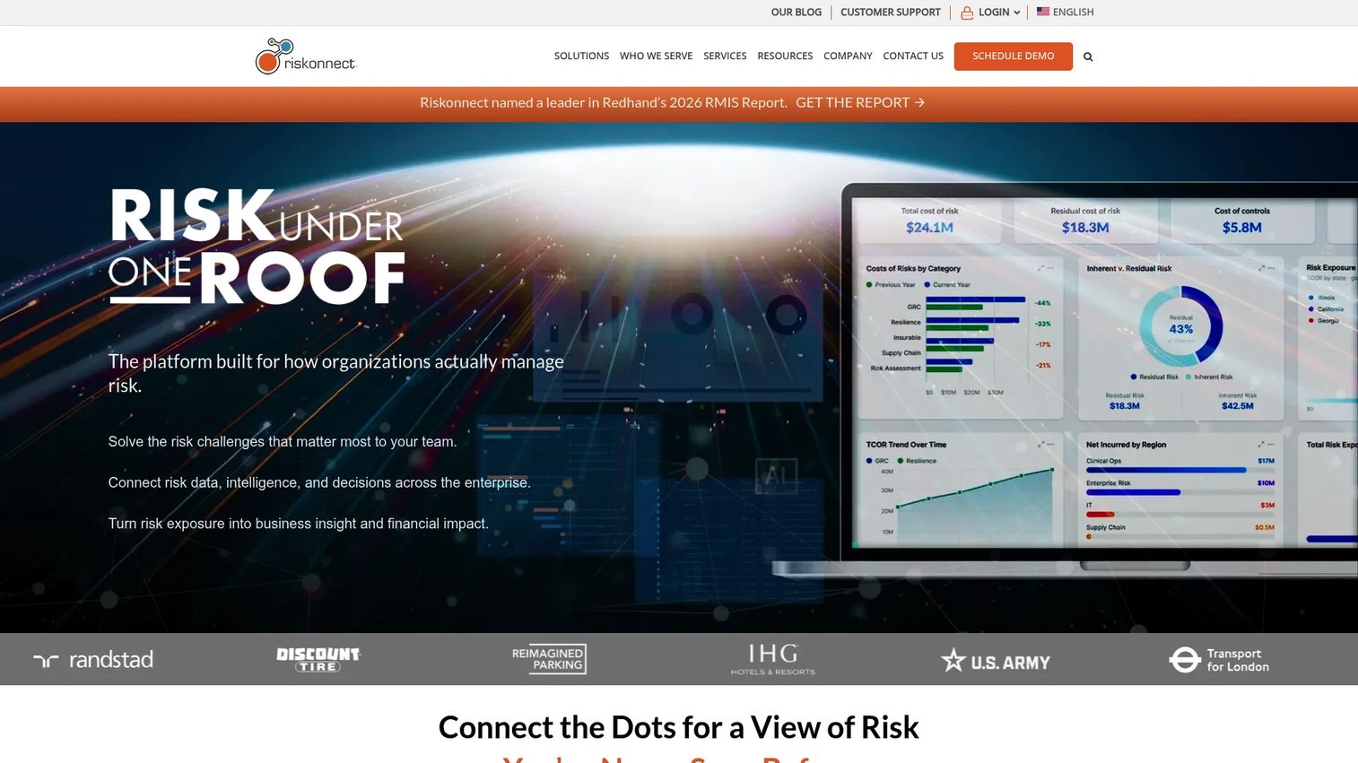 Riskonnect enterprise risk management platform showing risk register, resilience dashboard, and incident workflows