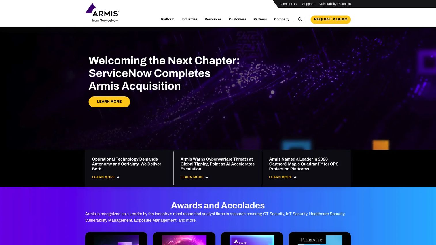 Armis Centrix homepage showing cloud-based cyber exposure management