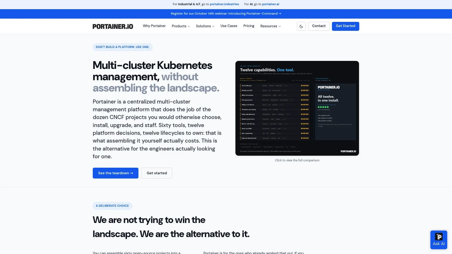 Portainer interface showing Docker and Kubernetes container management