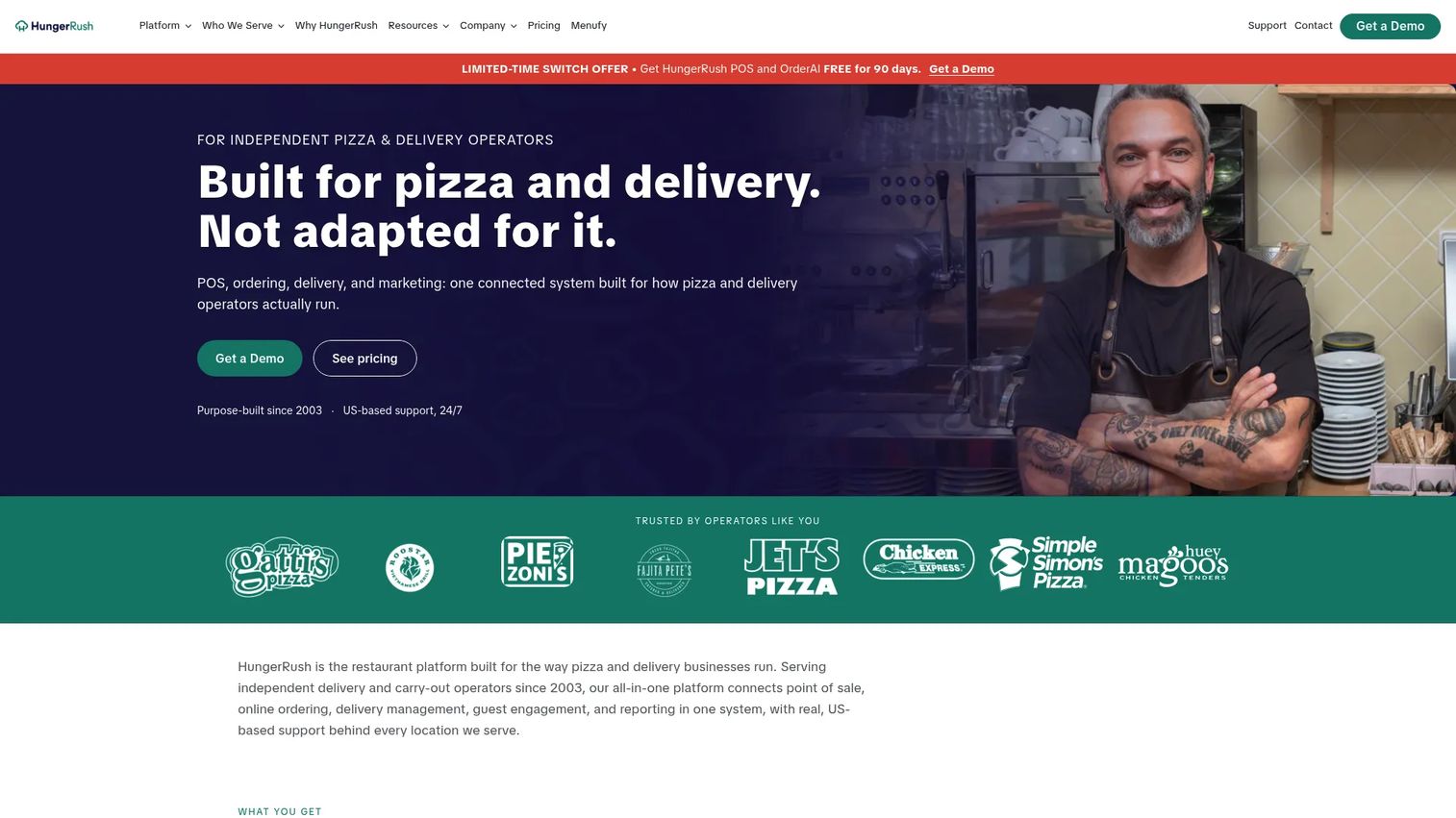 HungerRush POS dashboard for pizza and delivery restaurants