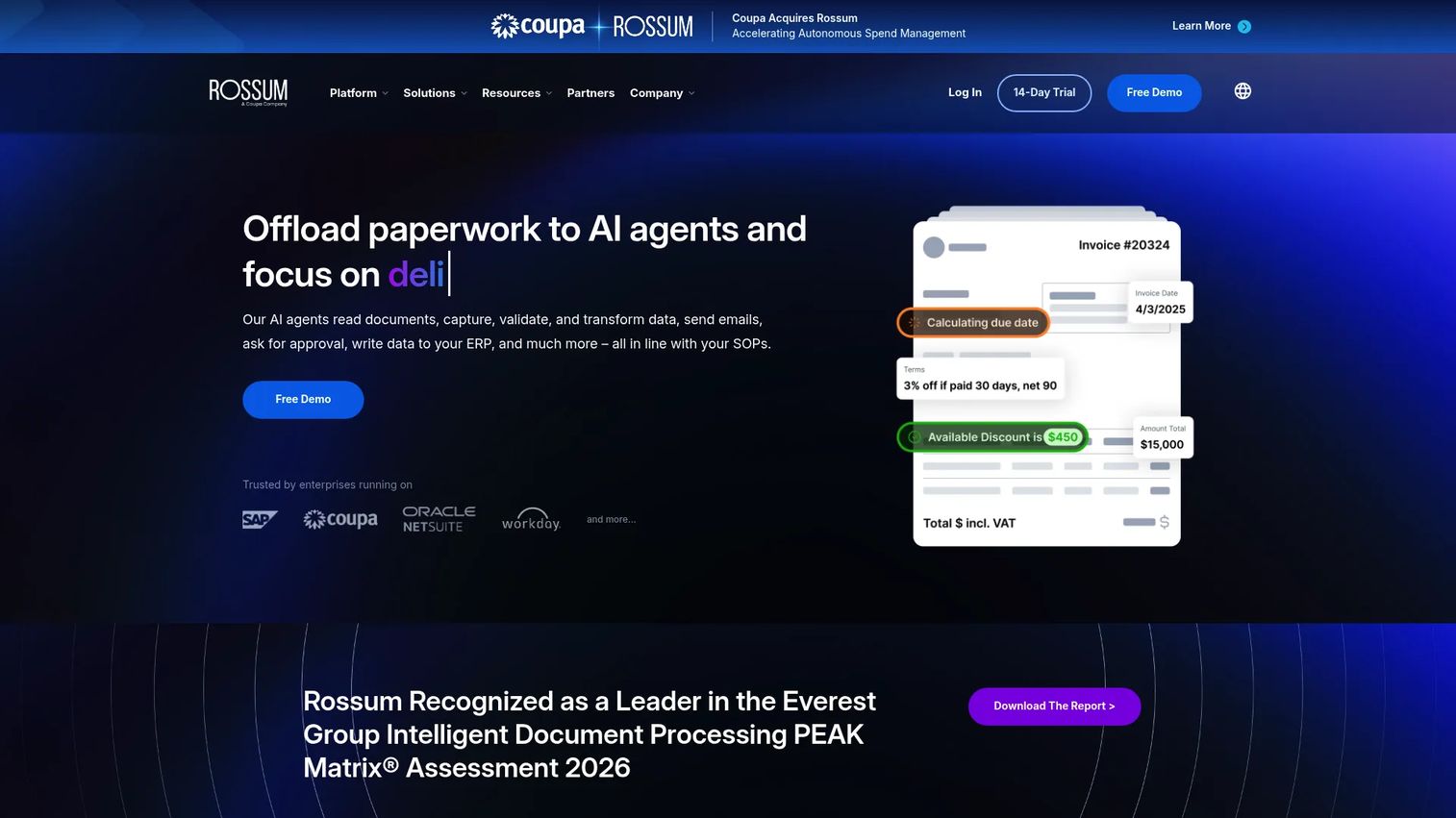 Rossum AI document data extraction workspace for invoices and forms
