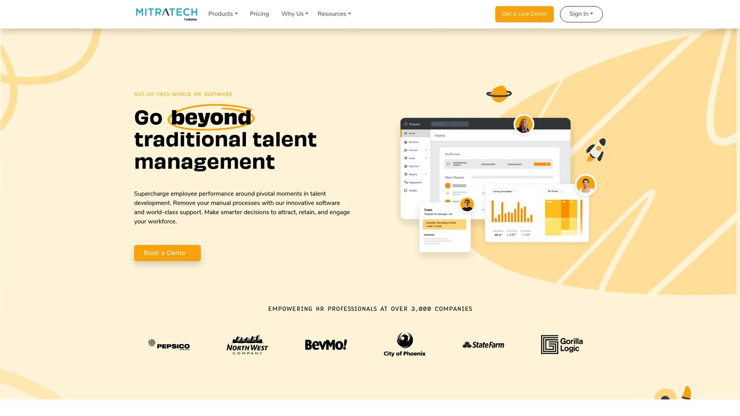 Mitratech Trakstar talent management platform showing performance reviews, goal setting, and workforce analytics