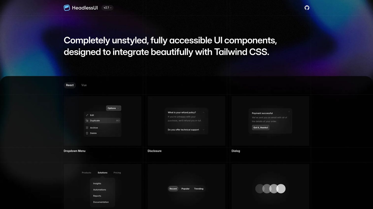 Headless UI dialog component styled with Tailwind CSS
