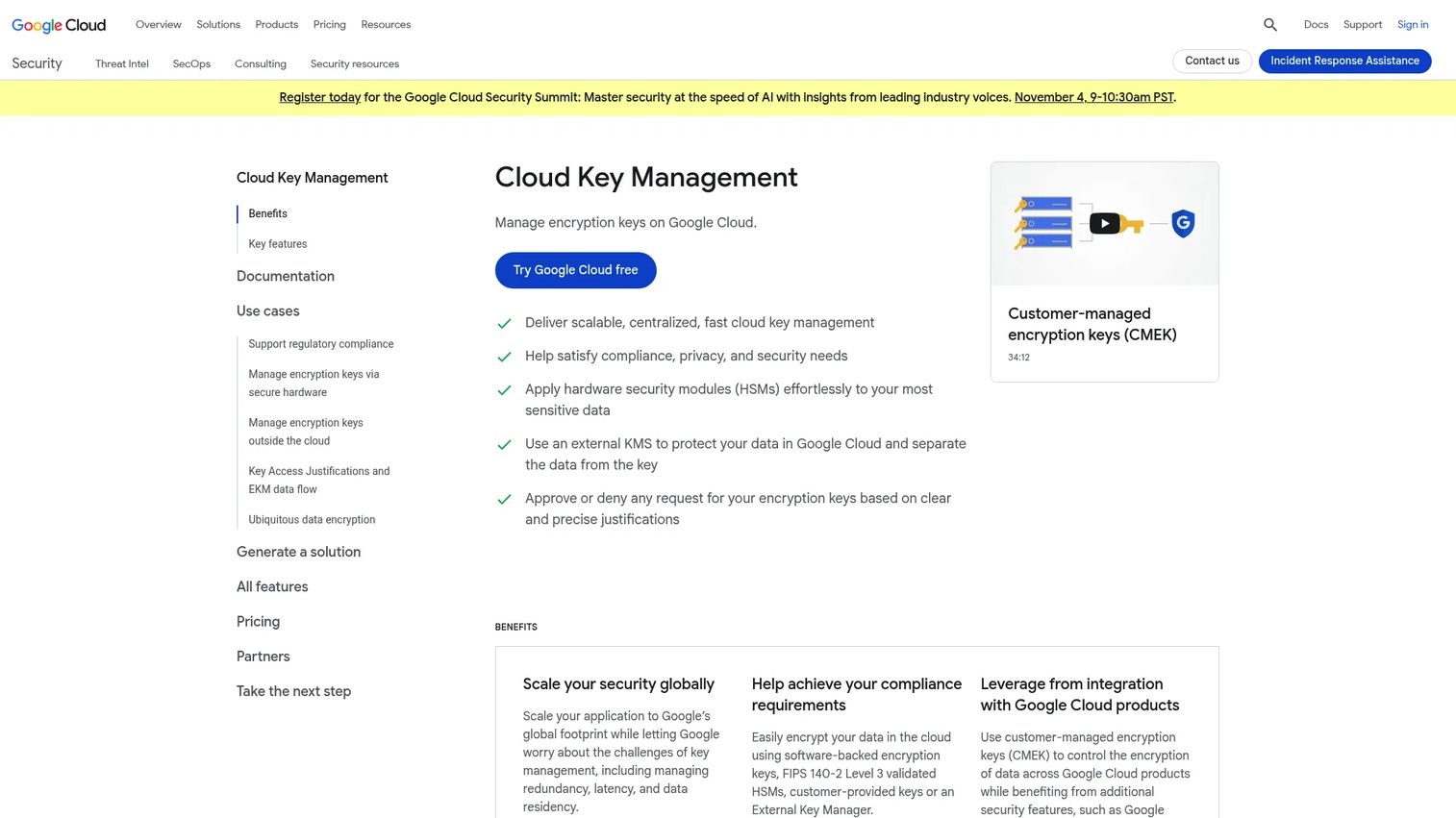 Google Cloud Key Management Service homepage showing Cloud KMS key management controls