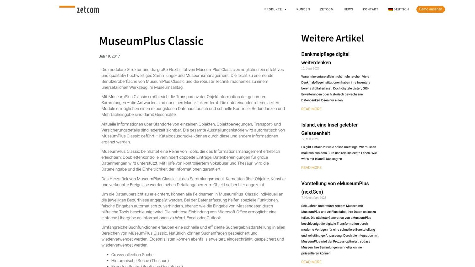MuseumPlus collection management interface for museums and exhibitions