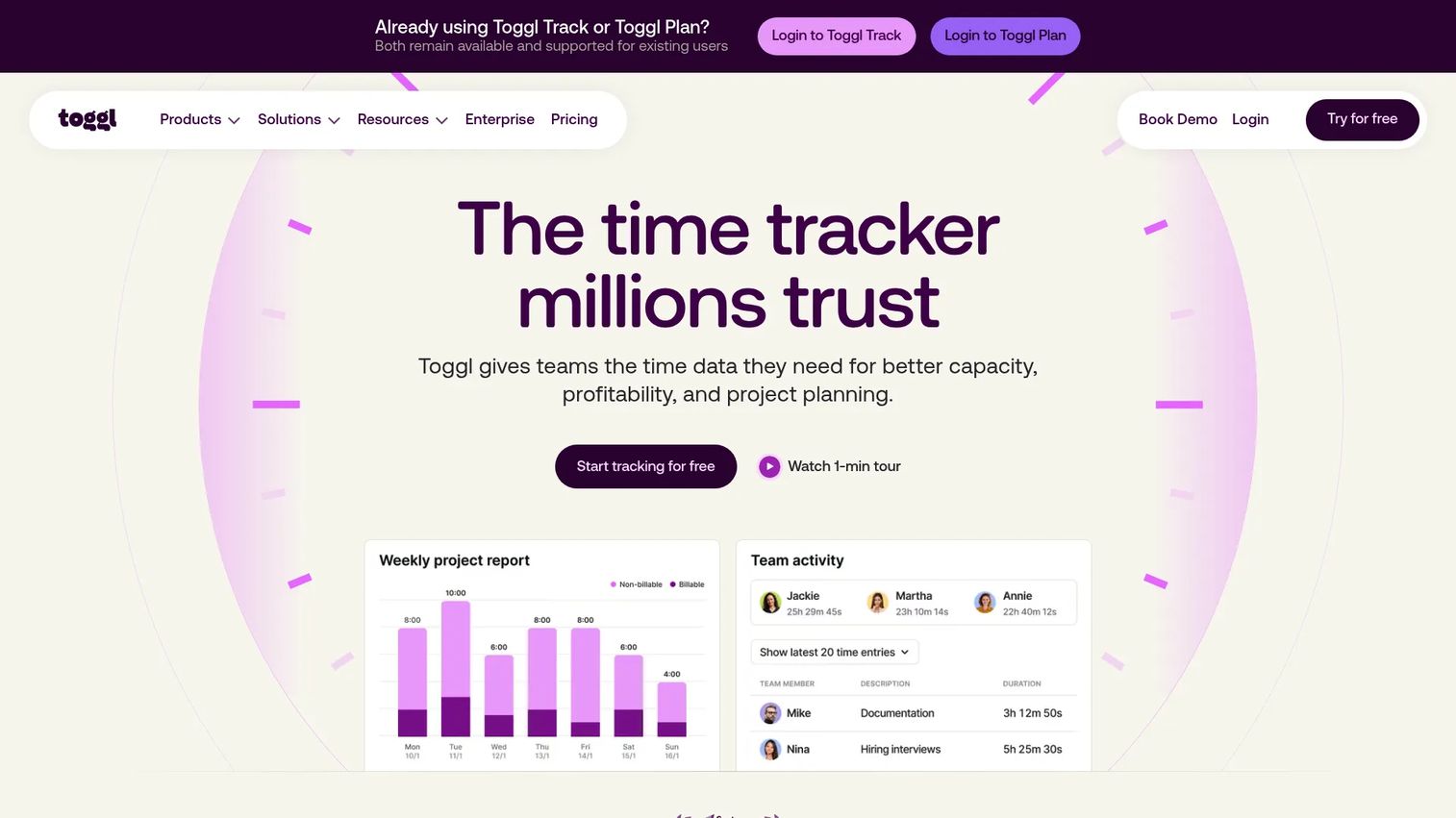 Toggl homepage showing time tracking, project planning, and capacity management