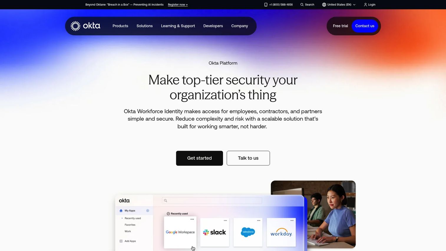 Okta Workforce Identity Cloud application access dashboard.