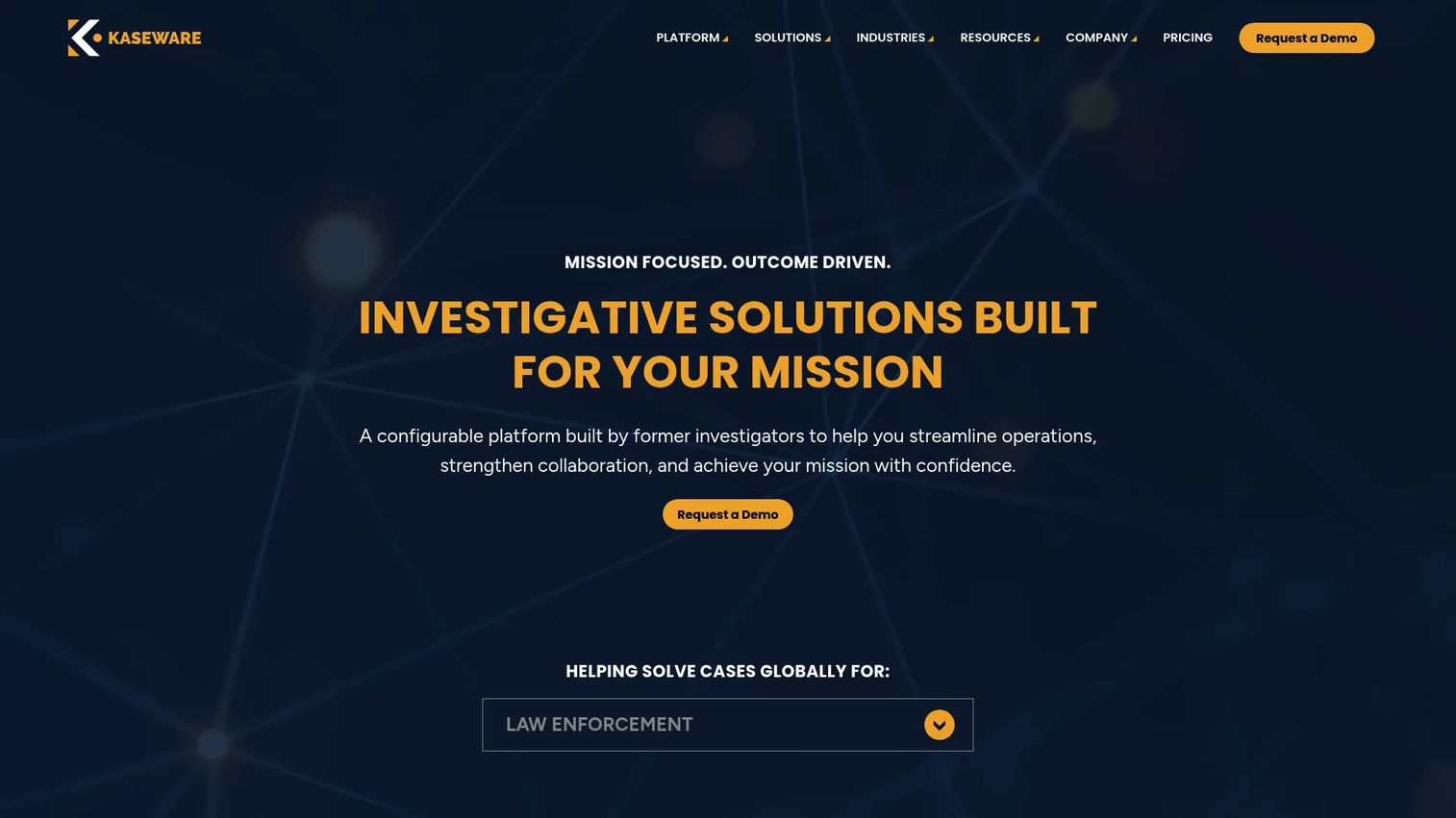 Kaseware investigation and incident management platform showing case management, link analysis, and geospatial investigation tools