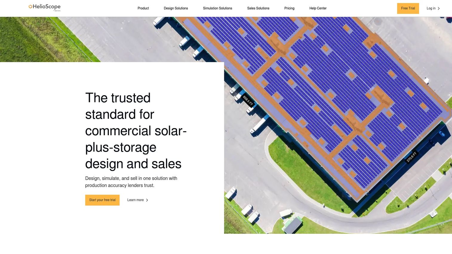 HelioScope commercial solar design interface showing PV layout, shading analysis, and energy modeling.