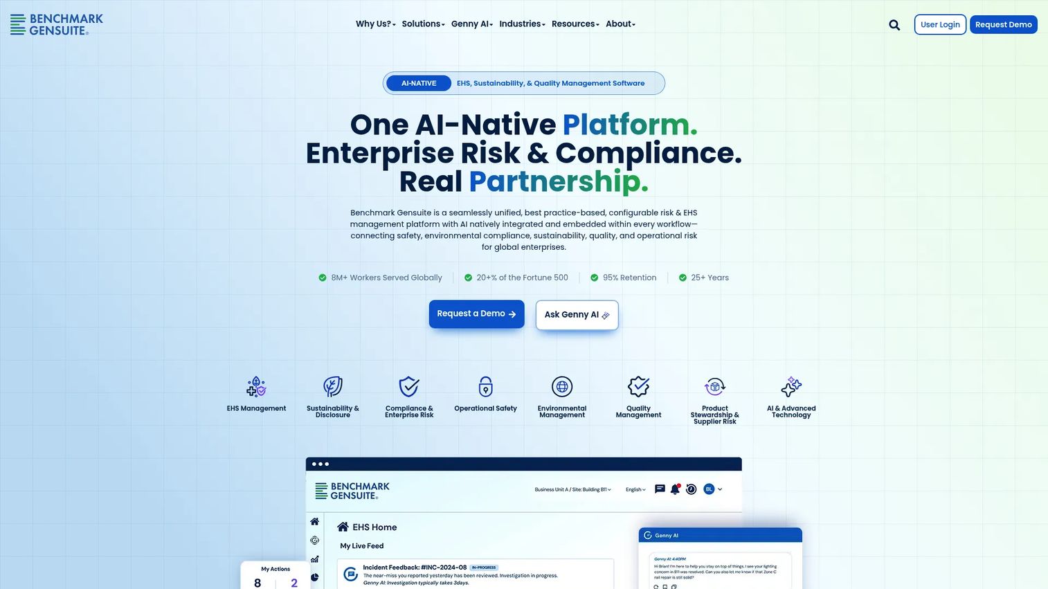 Benchmark Gensuite homepage screenshot showing EHS and sustainability software