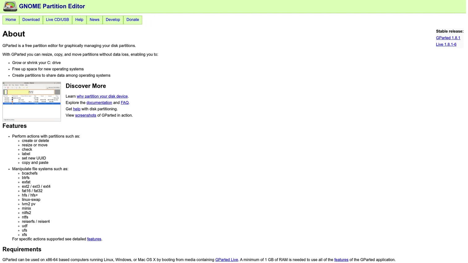 GParted Live graphical partition editor showing disk partitions