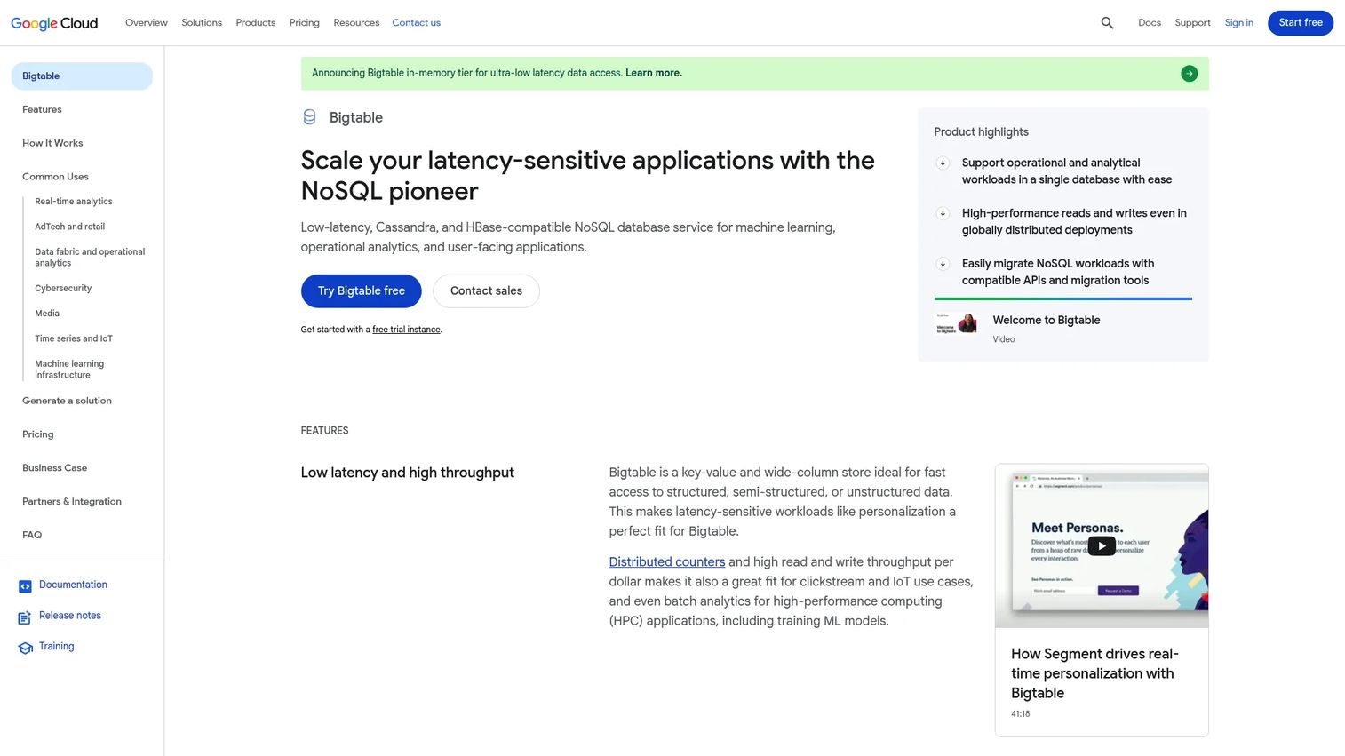 Google Cloud Bigtable managed wide-column database for time-series and operational analytics