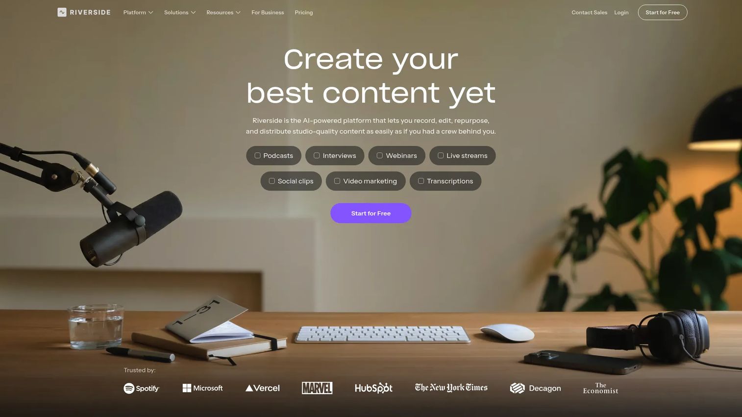 Riverside homepage showing the remote recording and podcast production platform