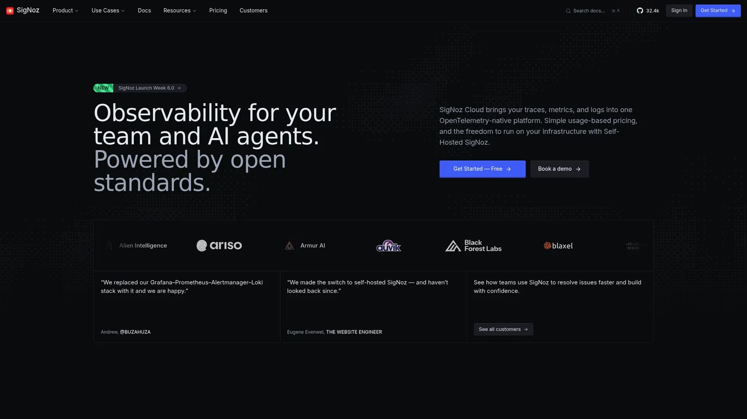 SigNoz dashboard showing OpenTelemetry metrics, logs, and traces