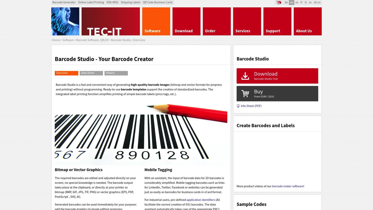 Barcode Studio interface for generating QR, UPC, EAN, and 2D barcodes