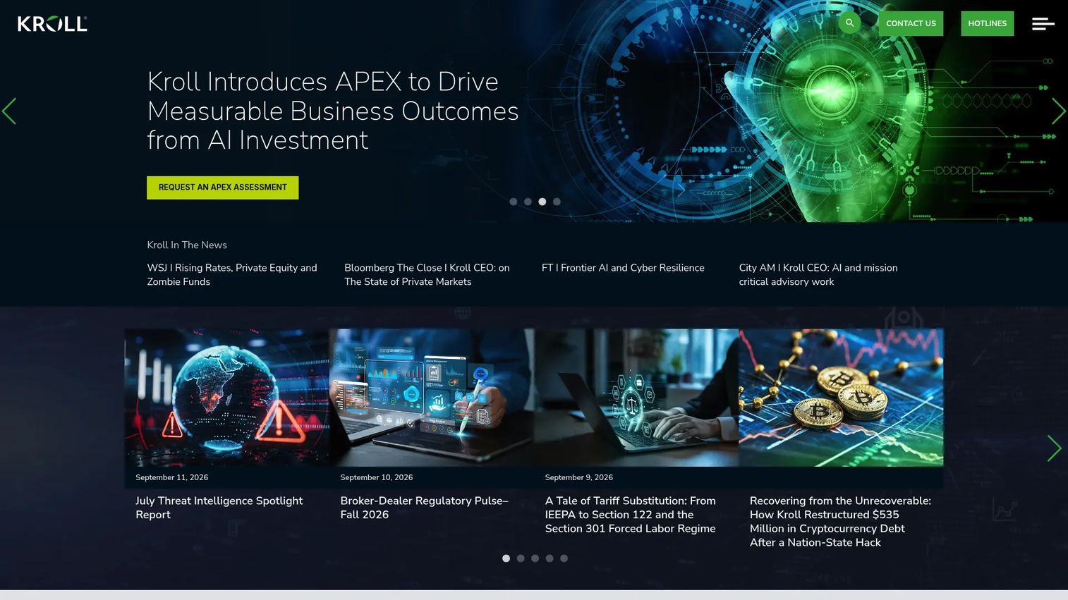 Kroll global financial and risk advisory firm showing investigative services, compliance consulting, and cyber advisory offerings