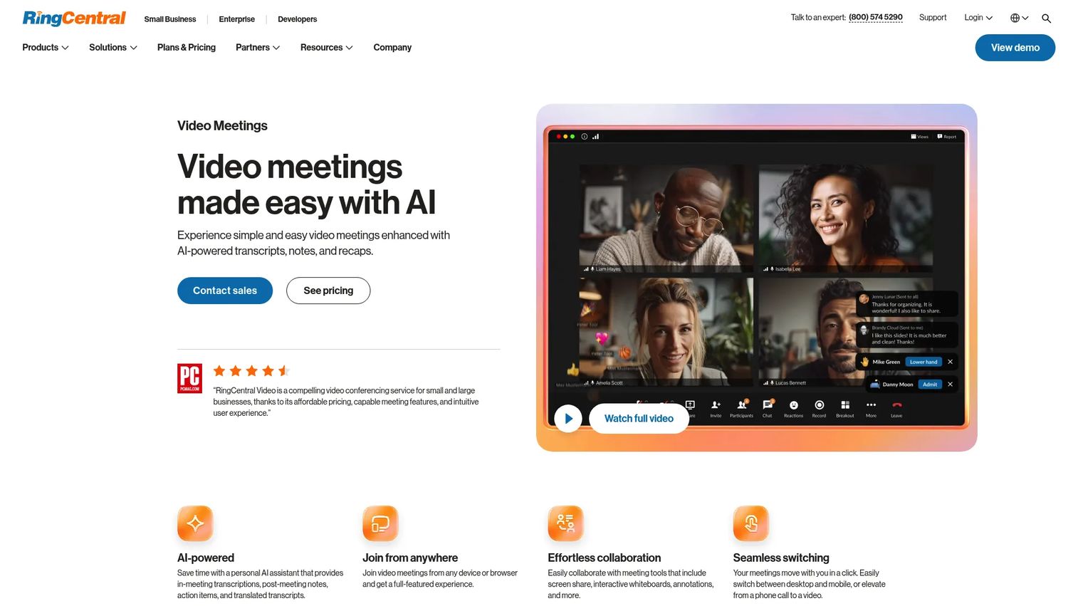 RingCentral Video homepage screenshot