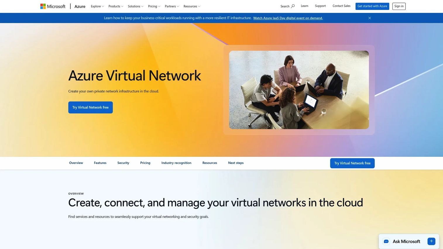 Microsoft Azure Virtual Network with subnets, private endpoints, and hybrid connectivity