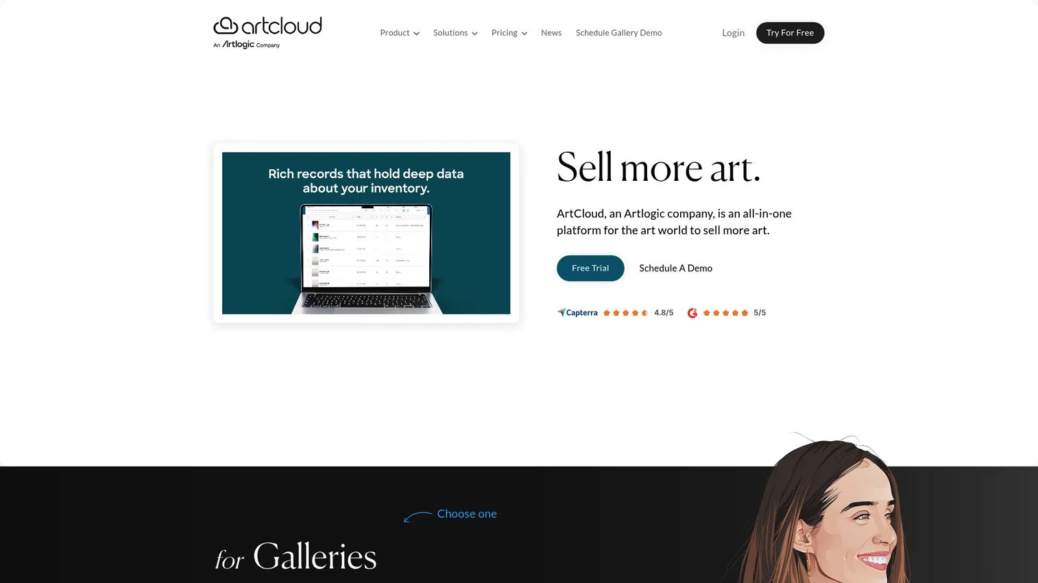 ArtCloud gallery management software showing inventory, CRM, and sales tools