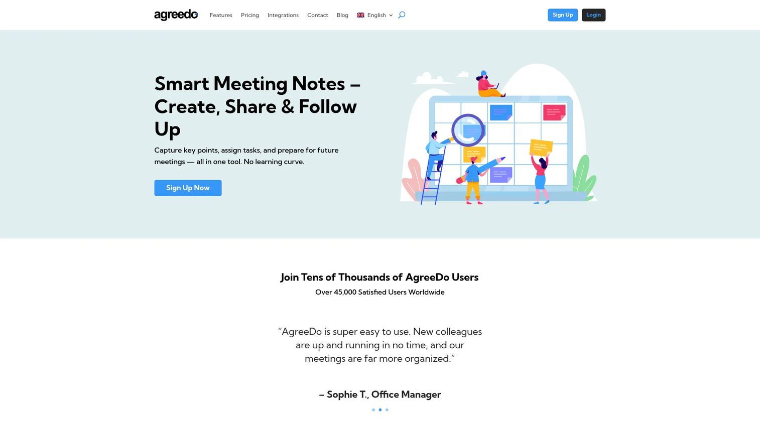 Agreedo homepage screenshot showing meeting agenda and minutes workflow