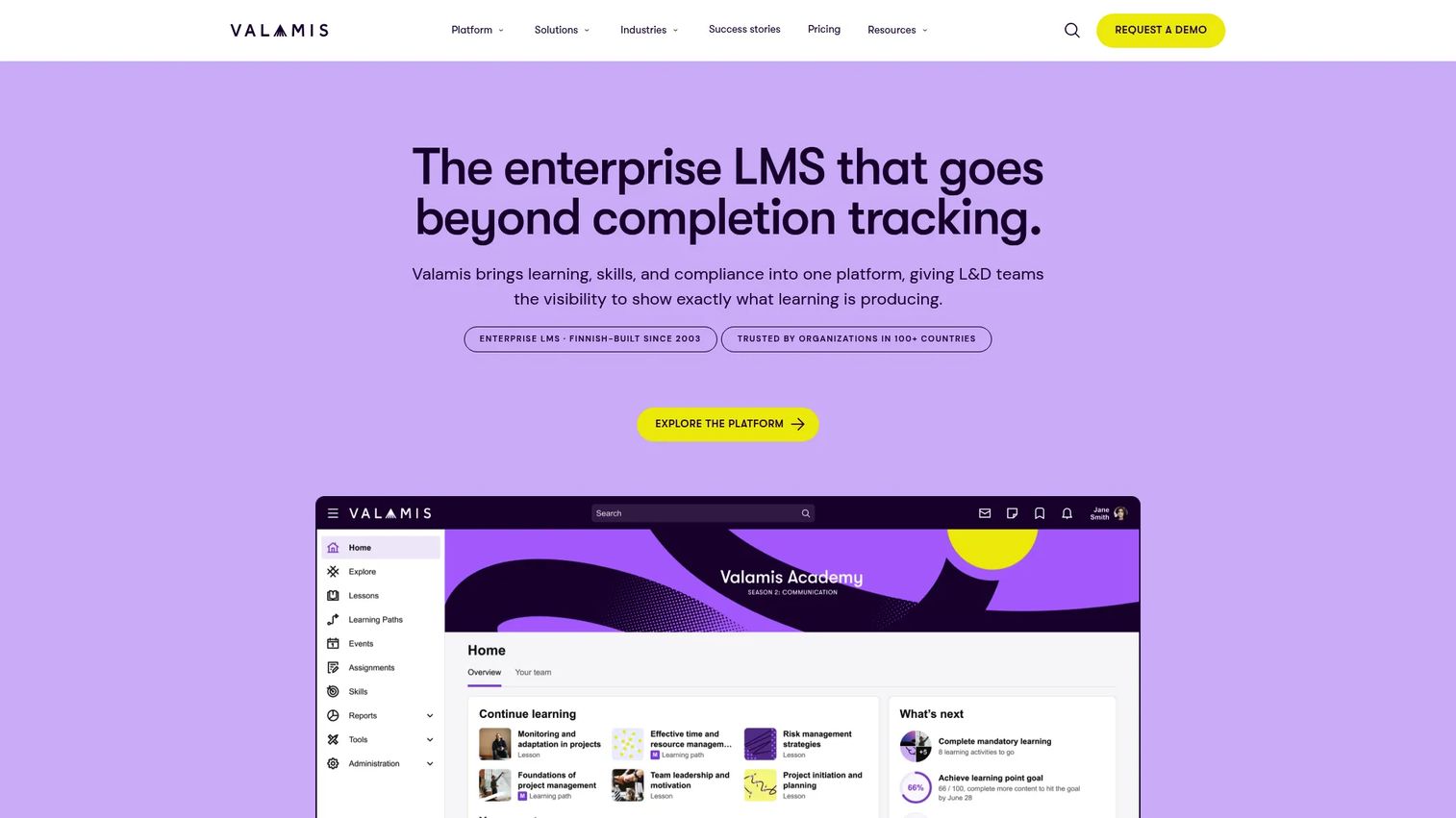Valamis learning platform screenshot showing the enterprise LMS and skills management interface