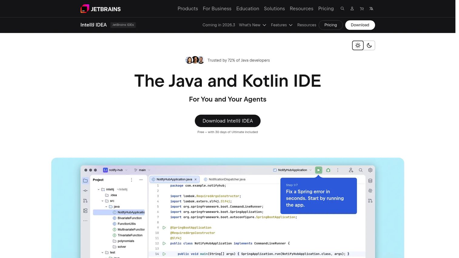 IntelliJ IDEA showing Java or Kotlin code, project navigation, and testing tools