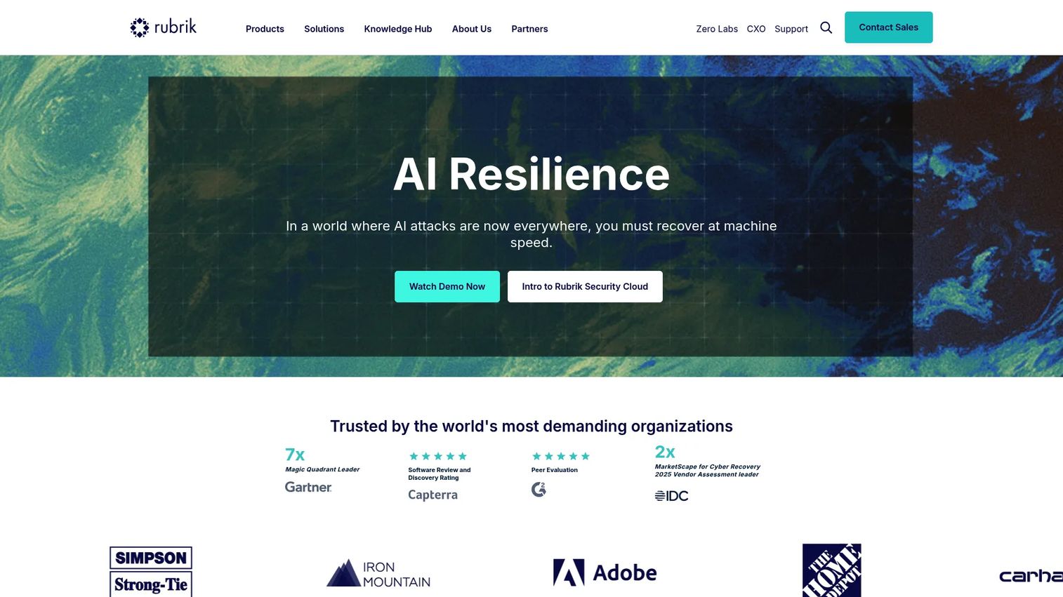 Rubrik Security Cloud product page showing immutable backup, ransomware recovery, and data security features