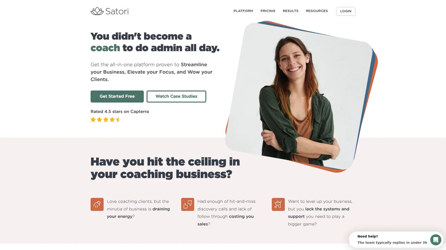 Satori coaching platform showing client onboarding workflow and package dashboard