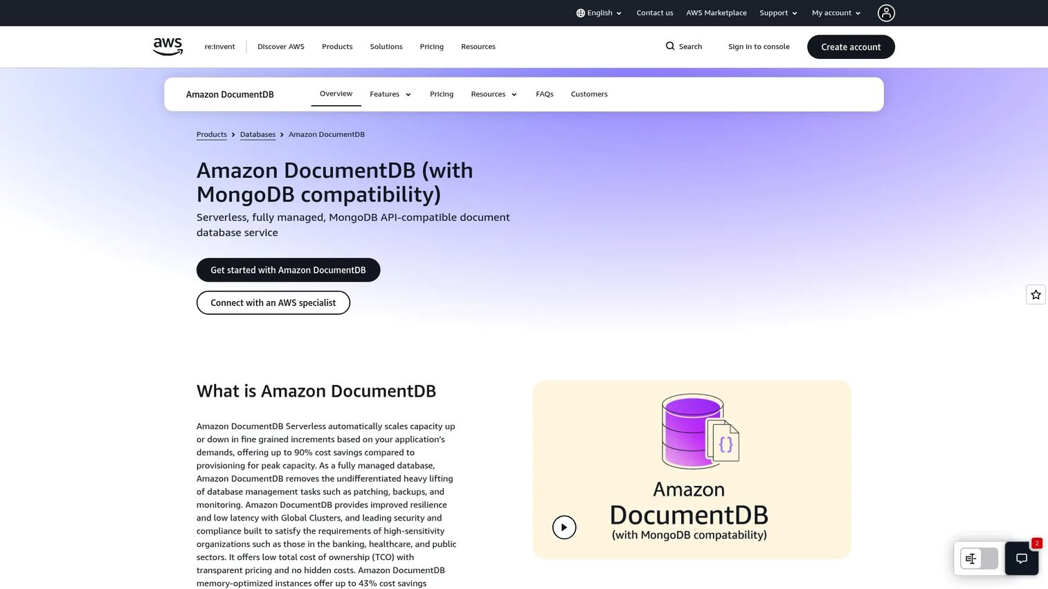 Amazon DocumentDB console showing a MongoDB-compatible database cluster
