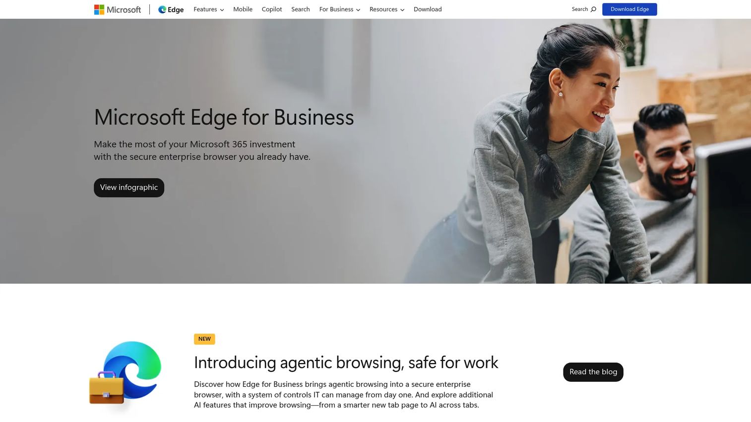 Microsoft Edge for Business homepage showing enterprise browser controls and Microsoft 365 integration