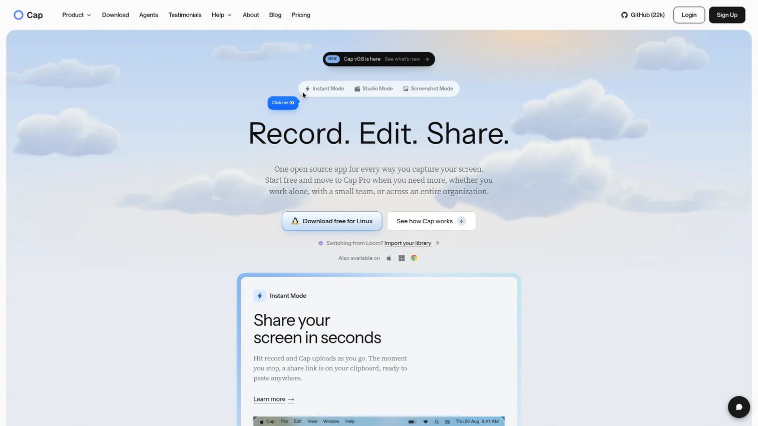 Cap open-source screen recorder homepage
