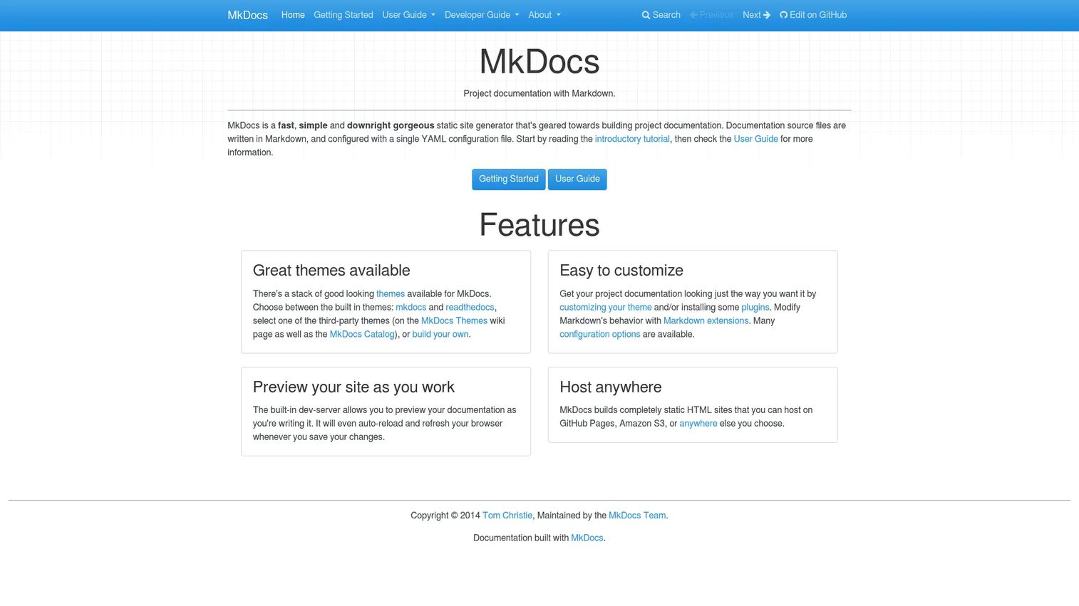 MkDocs static documentation site screenshot