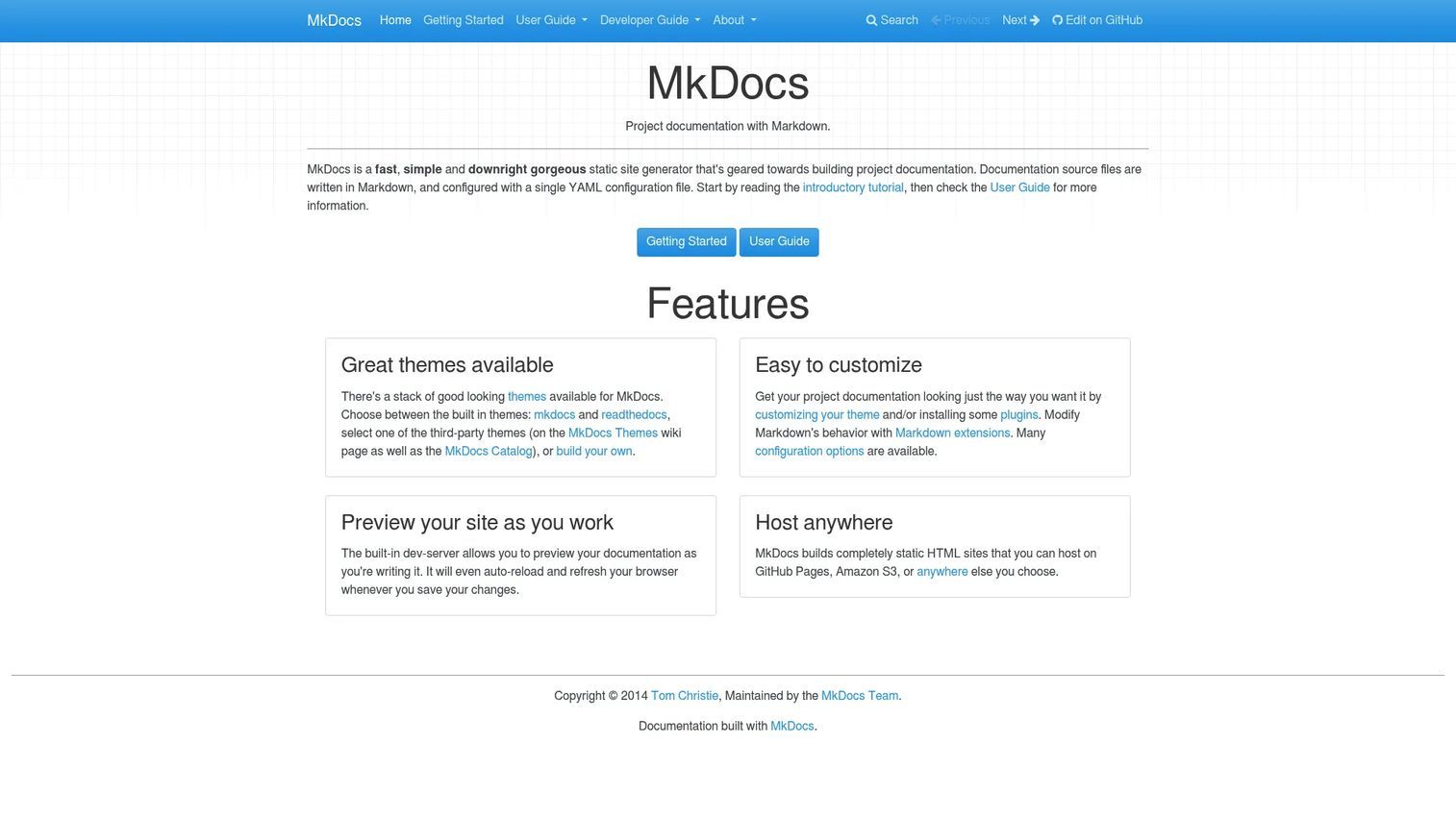 MkDocs static documentation site screenshot