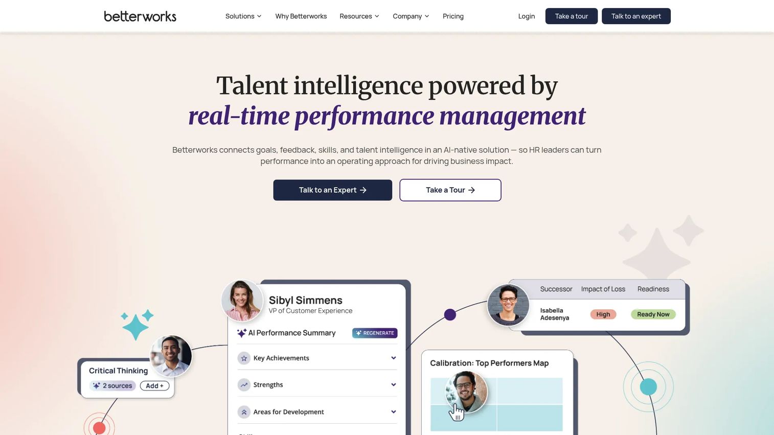 Betterworks OKR dashboard showing aligned company and team goals
